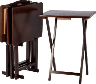 Foldable TV Tray Table with Storage Rack, Space-Saving Design, Sturdy Wood, 14.6"L x 19"W x 26"H, Espresso, 4-Pack