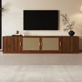 Retro Media Console Center Piece With Rattan Doors Entertainment Storage 78in x 17in x 17.8in (Option: Walnut)